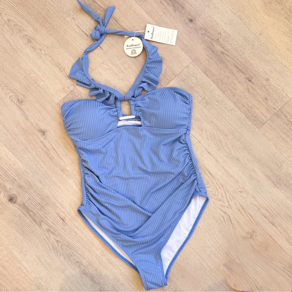 Blue Maternity Ruffle Ribbed Cutout One Piece Swim